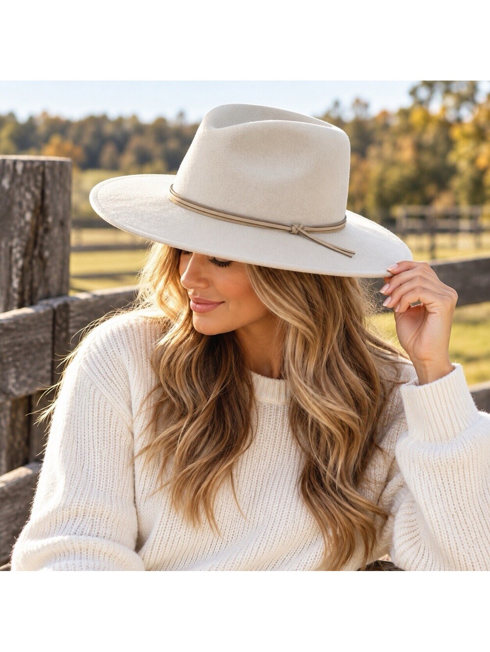 WYETH 100% Wool Western Cowgirl Rancher Fedora Hat Cream Beige Wide Brim OS